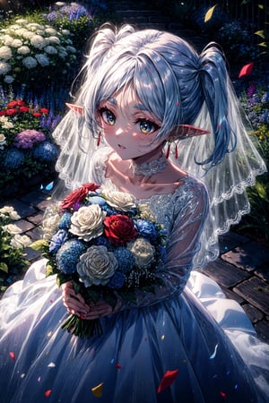 masterpiece, best quality, highres, aafrie, long hair, white hair, twintails, pointy ears, earrings, thick eyebrows, , wedding dress, white dress, garden, holding bouquet, confetti,