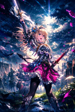 masterpiece,best quality,highres,cinematic lighting,dramatic angle,1girl,,hair ornament,hair ornaments,hairband,hair flower,costume2,blonde hair,blue eyes,portrait,village girl,holding sword,long pink skirt,frills,white topwear,boots,black pantyhose,yellow bowtie,hairband, , ,strong wind,glowing,aura,petals,grass,serious,armor,action pose,dynatic angle,open mouth,looking at viewer