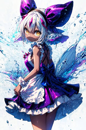 faputa looking at viewer, 4arms, curious expression, yellow eyes, ears down, white eyelashes, faputail, top arms out, fapuclaws, fapuhooves, bottom arms out, legs together, holding skirt, simple background, white background, dress, bow, closed mouth, standing, full body, hairband, frills, alternate costume, looking back, from behind, apron, from side, frilled dress, bright pupils, furry, frilled apron, purple bow, back bow, frilled hairband digital illustration,