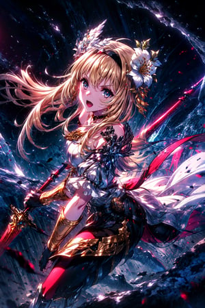 masterpiece,best quality,highres,cinematic lighting,dramatic angle,1girl, ,blonde hair,blue eyes,hair ornaments,hair ornament,hair flower,hairband,looking at viewer,dynatic angle,dual wielding,sword,costume6,sei shoujo,white armor,shoulder armor,bare shoulders,gold trimmed,black pantyhose,boots,red ribbon,thick thighs,portrait,glowing,very long hair,serious,open mouth,chestplate,Virtuous Guardian,breasts,gauntlets,spear