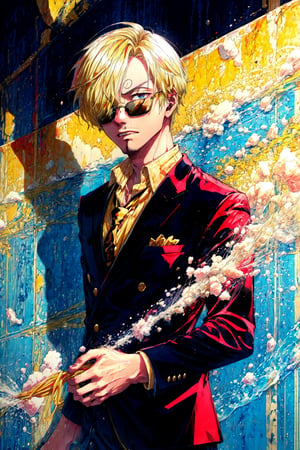 spahetti art, spaghetti, spaghetti art, yellow tone, monochrome,  SaltBaeMeme, salt, sunglases,  sanji2, sided blonde hair, suit,