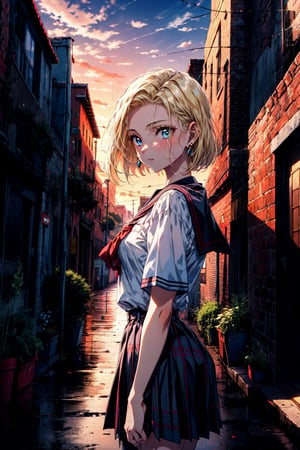 best quality, highres, and18, 1girl, android 18, solo, blonde hair, blue eyes, short hair, earrings, jewelry, medium breasts, , cowboy shot, street, (school uniform:1.2), off-the-shoulder, sunset,