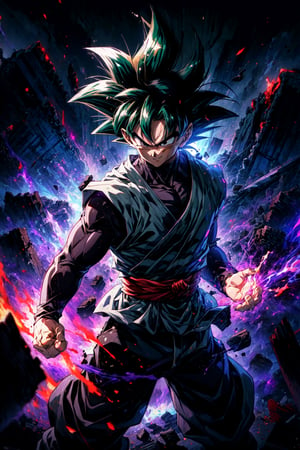 ((masterpiece, best quality)),(complex light),absurdres, highres, 1boy,solo,fighting stance, goku black,black hair,black eyes, green fire destroyed debris background,smirk, 