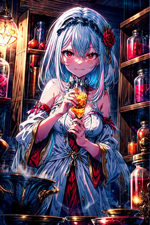 masterpiece,best quality,highres,cinematic lighting,dramatic angle,1girl,white hair,hairband,looking at viewer,shaded face,glowing eyes,red eyes,white robe,bare shoulders,potion on shelf,Biological samples soaked in formalin within glasses,indoors,laboratory,atelier,boiling pot,evil smile,tassel,layered dress,detached sleeves,,upraised eyebrows,holding pink steamy love potion,floating heart,
