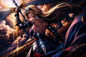 masterpiece, best quality,1girl,,solo, long hair, blonde hair, jeanne d'arc (fate), armor, blue eyes, weapon,back,(bare back:1.2),bare shoulder,chain in back,chain on back, sword, armored dress, gauntlets, headpiece, jeanne d'arc (third ascension) (fate),(kbxll:1),perfecteyes