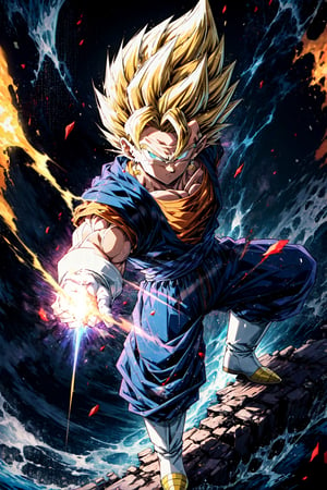 from above,one boy focus, vegetto, super saiyan, looking at viewer,fighting stance, flying, blonde spiked hair, blue eyes, dougi, white boots, white gloves, pectorals, surrounded by yellow lightning, dramtic lighting,