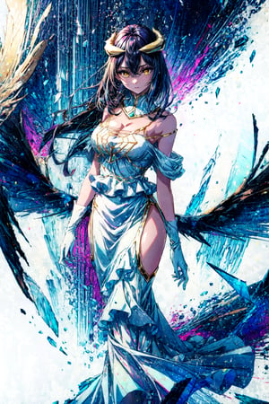 //Quality, masterpiece, best quality ,//Character, 1girl, solo ,//Fashion, ,//Background, white_background ,//Others, ,al1, demon horns, white gloves, white dress, bare shoulders, detached collar, cleavage, slit pupils, black wings, feathered wings, low wings,white dress,detached collar, full_body