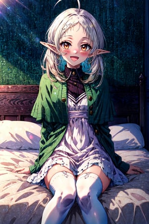 masterpiece, best quality, absurdres, SylphietteDress, medium hair, ahoge, white dress, white thighhighs, green capelet, smile, :d, blush, sitting, on bed
