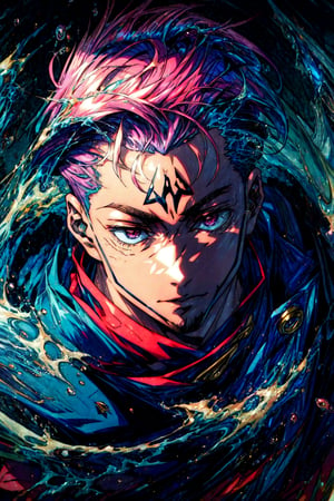 masterpiece, best illustration, detailed 8K,male focus, masterpiece, (best quality:1.3),best illustration,extremely detailed 8K wallpaper,1boy, anime style, Best QualitySUKUNA, fucked_dumb, Sukuna a man with pink hair SAM YANG,High detailed ,Color magic, mature, beefy, handsome, 3/4 angle,Camouflage military,Full body,((official art)),((Gege Akutami))