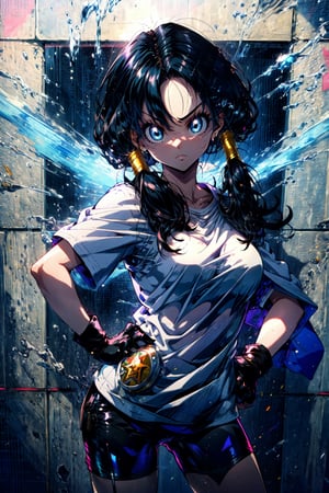 masterpiece, best quality, highres, videl2, solo, blue eyes, black hair, twintails, black gloves, bike_shorts, bangs, white shirt, badge, medium breasts, , cowboy shot, frown, hand on hip, leaning forward, pointing at viewer,