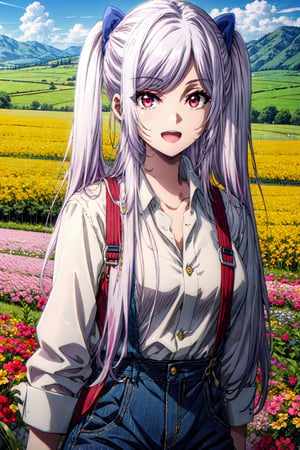 (masterpiece), high quality, highly detailed background, 1girl, nsfw, , ChopioAlexia, long hair, very long hair, white hair, sidelocks, swept bangs, red eyes, looking at viewer:1, twintails, two side up, hair bow, white shirt, denim dungarees, straw hat, farm, japanese rice farm, sun, medium breasts, smile, open mouth,