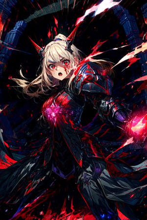 masterpiece,best quality,highres,1girl,,looking at viewer,alternative3,black helmet,covered eye,holding,red sword,expressionless,red eyes,,black armor,middle red dress,purple theme,glowing particles,asymmetrical eyes,from side,fighting stance,dynatic angle,roar,battlecry,open mouth,angry,fire,flames,cursed aura,ruins,ashes,blood,facial mark