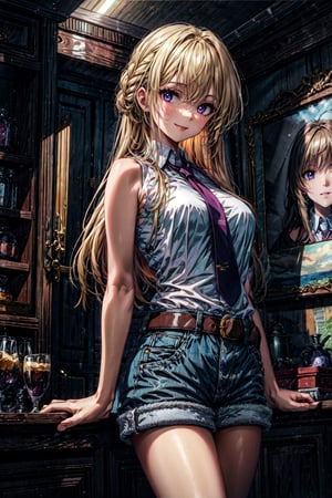 ((masterpiece:1.4, best qualit:1.4, high resolution:1.4)), , , Juanita, blonde hair, breasts, purple eyes, necktie, white shirt, shorts, braid, long hair, standing, smile, (hands on lap, v arms), sleeveless, cowboy shot, thighighs, frontal view:1.2, looking at viewer