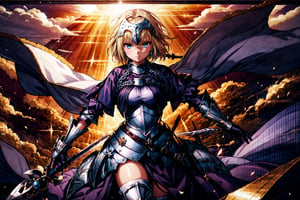 masterpiece, best quality,1girl,,solo, long hair, blonde hair, jeanne d'arc (fate), armor, blue eyes, weapon, sword, armored dress, gauntlets, headpiece, jeanne d'arc (third ascension) (fate),(kbxll:1), , front view