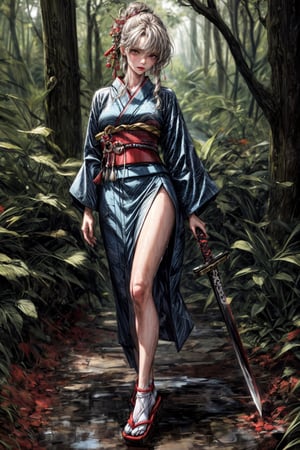 (8k), ((highest quality)), ((best quality)), (masterpiece, ultra-detailed), perfect anatomy, correct anatomy, perfect proportion, perfect face, perfect hands, perfect legs, perfect fingers, perfect hands, (hyperrealistic:1.5), (1girl), in dark forest, arround dappled sunlight, wet mossy path, overrun with weeds, outdoors:1.3, groom atmosphere, cinematic lighting, BREAK  (1girl:1.5), fullbody, japanese woman, in her early 30s, thin lips, black hair, (nihongami:1.5), (knotted hair on rearhead:1.3), dark brown eyes, holding her katana, pale blue kimono, (kankle-length kimono:1.5), blue kanzashi with gold accent, carmine obi, japanese tabi, (standing:1.3), stylish pose, anger face, tense face, staring at viewer,kabukimono,midjourney
