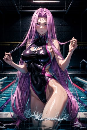  masterpiece, best quality,1girl, medusa (rider) (fate),long hair, medusa (fate), purple hair, solo, pink eyes, breasts, very long hair, looking at viewer, swimsuit, pool,