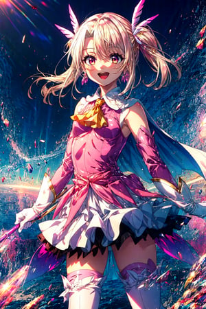 ,masterpiece, best quality, highres, aaillya, long hair, two side up, hair ornament, small breasts, magical girl, cape, yellow ascot, pink dress, sleeveless, detached sleeves, white gloves, white skirt, pink thighhighs, , smile, open mouth, standing, contrapposto,