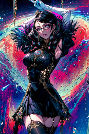 (masterpiece:1.4),(best quality:1.4),(absurdres:1.4),pin-up, , bayonetta_3_twintail_aiwaifu,glasses,blue_eyes ,black_hair,long_hair,two-tone_hair,twintails,breasts,jewelry,earrings,gloves,mole_under_mouth,lips,large_breasts,twin_braids,makeup,black-framed_eyewear,bodysuit,elbow_gloves,very_long_hair,lipstick,multicolored_hair,ribbon,amulet,hair_ribbon,dress,thighhighs,white_gloves,eyeshadow,bangs,clothing_cutout, (absurdres, highres, incredibly_absurdres:1.4),scenery,masterpiece,