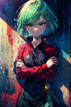 TatsumakiOPM, Green eyes, green hair, short hair, Beautiful, elegant, cowboy shot, crossed arm, pout expression, black tight clothes, long sleeves, random background, (masterpiece:1.3), (vibrant:1.2), best quality, cinematic