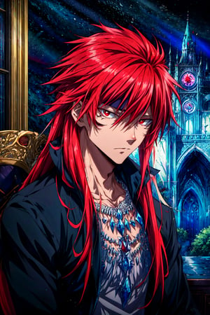 masterpiece, best quality, illustration, 1boy, solo, male focus, looking at viewer, upper body, , , guy_crimson, red eyes, red hair, long hair, , , A dark, foreboding castle where a wicked queen reigns,