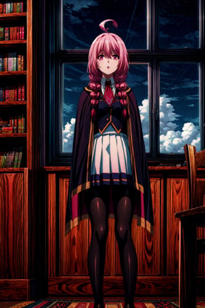 sherry, 1girl, solo, long hair, looking at viewer, bangs, skirt, shirt, standing, pink hair, braid, ahoge, pantyhose, pleated skirt, parted lips, necktie, sky, day, cloud, indoors, pink eyes, cape, :o, twin braids, book, black pantyhose, window, feet out of frame, white skirt, hair over shoulder, gold trim, bookshelf, detailed hands high quality, best quality, ultra detailed, masterpiece,