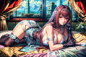 masterpiece,best quality,1girl,solo,mature female,scathach skadi \(fate\),LancerCos,RoyalIcingDress,gloves,naughty smile,blush,(all fours),luxury villa interior,bedroom,