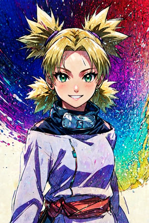 masterpiece, best quality, 1girl, ytemari, blonde hair,quad tails, dark green eyes, purple garment , upper body, smile, sketch, looking at viewer, simple background 