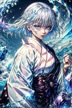  uraume,1girl,white hair, kimono,haori,kesa, snow,snowstorm,ice rock,