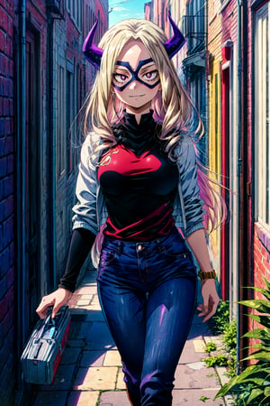 (masterpiece), highres, highly detailed, soft lighting, 1girl, mount lady [my hero academia], domino mask, purple eyes, thin horns, looking at viewer, smirking expression,outdoors, standing, Denim jacket, red t-shirt, black skinny jeans, black ankle boots, alleyway, cowboy shot