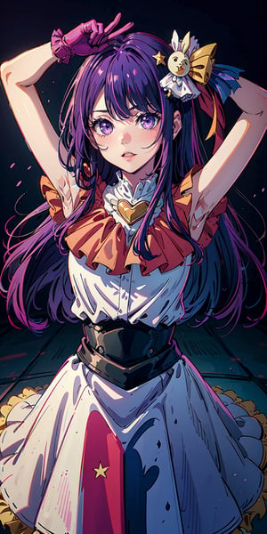 masterpiece, best quality,1girl,solo, hoshino ai, best quality, ultra-detailed,solo, skirt, pink gloves, hair ornament, looking at viewer, heart, purple eyes, light purple hair, HshinoAi,gloves, tongue out, tongue, long hair, star \(symbol\), looking at viewer, (purple hair:1.2), purple eyes, upper body, hair ornament, frills, pink shirt, smile, sleeveless, shirt, idol, symbol-shaped pupils, hands up, bangs, one side up, star-shaped pupils, arms up, dress pull,Roaring Twenties, isometric, cliff, 1girl, full body, cowboy shot, (Rembrandt), illustration, (best quality), (ultra_detailed), finely detail, (Depth of field), peace sign, highest quality, high resolution.,oshi no ko