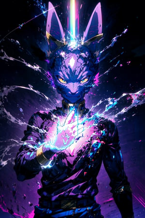 high quality, masterpiece, realistic, anthropomorphic cat, beerus, cat head, purple skin, black top, blue pants, purple belt,egyptian clothing, jewelery, long ears, athletic body, park, outdoors,medium shot portrait, hand raised up, holding purple electricity, hand glowing purple, aura, reflective light, looking at camera, serious,