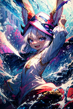 masterpiece, best quality, nanachi, narehate, white hair, horned helmet, headdress, bottomless, smile, open mouth, fang, looking at viewer,