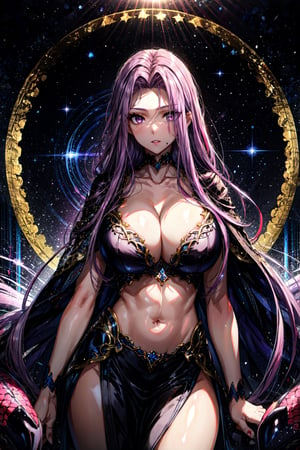 ((MedGorg)), 1girl, solo, long hair, looking at viewer, large breasts, cleavage, very long hair, purple eyes, collarbone, purple hair, parted lips, huge breasts, parted bangs, bustier, slit pupils, cowboy shot, scales, snake hair,EpicArt,Circle