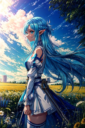 masterpiece, best quality, highres, bbasuna, long hair, blue hair, blue eyes, pointy ears, white dress, detached sleeves, blue thighhighs, , from side, field, cowboy shot