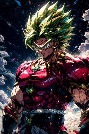 broly, legendary super saiyan, green hair, spiky hair, white eyes, muscular, tall, black bracelets,midjourney