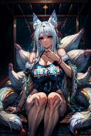 1lady,(mature female),(milf), kitsune,multiple tails,fox ears,white fox tail,aqua eyes,whisker markings, hair ribbon,blue tassel,jewelry,hair ornament, (school swimsuit:1.38), highres,official art,original,masterpiece,best quality, (huge breasts:1.08), face lighting,cinematic lighting,caustics,