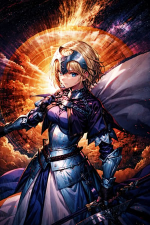 masterpiece, best quality, 1girl, solo, long hair, blonde hair, jeanne d'arc (fate), armor, blue eyes, weapon, sword, armored dress, gauntlets, headpiece, jeanne d'arc (third ascension) (fate),(kbxll:0.6),CLOUD,Circle