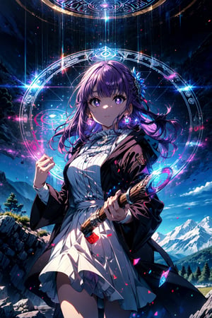 masterpiece, (ultra detailed background:1.3), delicate pattern, intricate detail, highly detailed, fine details, best quality, studio lighting, front lighting, 4K, 8K, absurdres, perfect anatomy, cowboy shot, look forward, very long hair, purple hair, purple eyes, (purple pupils), (white dress:1.3), (black robe:1.2), wood staff, holding staff, (glowing magic circle:1.3), (blue magic circle:1.3), (transparent magic circle:1.3), (magic circles surrounded:1.2), (outdoors:1.3), bright environment, Alps, sunny, blue sky, rocks, open field,