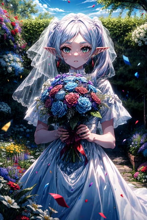 masterpiece, best quality, highres, aafrie, long hair, white hair, twintails, pointy ears, earrings, thick eyebrows, , wedding dress, white dress, garden, holding bouquet, confetti,