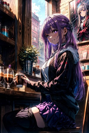 masterpiece, best quality, absurdres, perfect anatomy, 1girl, solo, FernFrieren, very long hair, purple eyes, (purple pupils), sitting, coffee shop, hoodie, pleated skirt, thighhighs, smile,