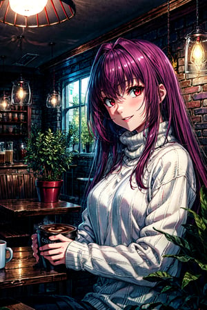 scathach, scathachSweater, masterpiece, best quality, absurdres, 1girl, cafe, indoors, window, crowd, coffee, sitting, steam, looking at viewer, upper body, smile, hanging light, ceiling light, potted plant