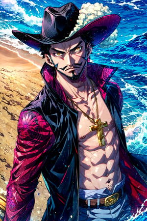 mihawk, (35 years old:1.2), mature solo, looking at viewer, short hair, black hair, 1boy, jewelry, collarbone, yellow eyes, upper body, full body, muscle, beach, necklace, hand touches hat, coat, tattoo, facial hair, scar, goatee, wide-brimmed black hat, large plum,