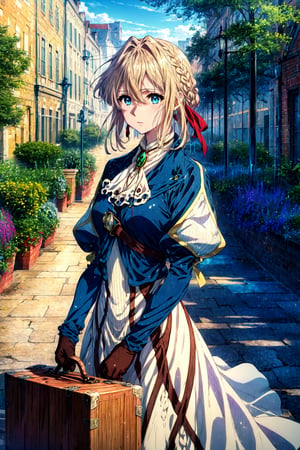 masterpiece, best quality, highres, violet evergarden, braid, hair ribbon, red ribbon, jewelry, white ascot, brooch, blue jacket, long sleeves, brown gloves, white dress, long dress, , standing, cowboy shot, outdoors, holding suitcase, suitcase