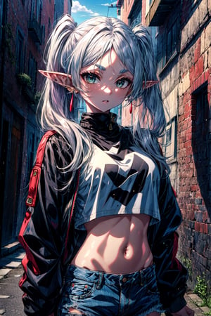 masterpiece, best quality, highres, aafrie, long hair, white hair, twintails, pointy ears, earrings, thick eyebrows, , crop top, cropped jacket, black jacket, midriff, denim shorts, street,