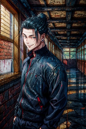 1man, getou, solo, looking at viewer, smile, short hair, black hair, long sleeves, 1boy, closed mouth, standing, jacket, upper body, male focus, cowboy shot, indoors, hair bun, black eyes, black jacket, black pant, piercing, single hair bun, ear piercing, gakuran, hair pulled back, masterpiece