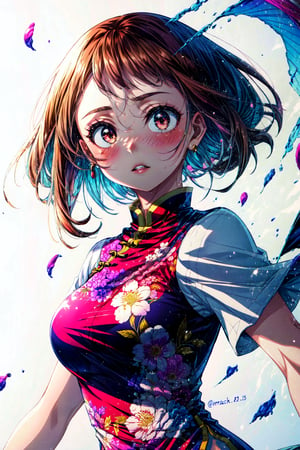 uraraka ochako, short sleeves, looking at viewer, parted lips, large breasts, 1girl, blush, white background, solo, twitter username, dress, side slit, chinese clothes, floral print, simple background, china dress, pink dress