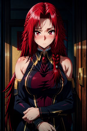 iris, 1girl, red hair, solo, red eyes, long hair, blush, braid, breasts, black border, sweatdrop, upper body, large breasts, long sleeves high quality, best quality, ultra detailed, masterpiece, bare shoulders,