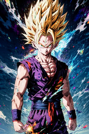 (ssj2), 1boy, yellow hair, green eyes,cowboy shot,yellow aura, electricity,naked purple dougi, purple pants, (blue wristband), red sash, sleeveless,v-neck,looking at viewer,(best quality, masterpiece),Ki Charge,midjourney