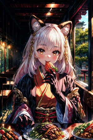 masterpiece,best quality,highres,cinematic lighting,dramatic angle,1girl, ,1girl,animal ears,japanese clothes,black open jacket,obi,smile,eating,(:3:0.68),looking at viewer,brown eyes,bamboos,dynatic pose,cowboy shot,sitting across table,gold-trimmed,magic,multicolored hair,(black hair:white hair:0.86),frills,claws,black elbow gloves,(open mouth:0.43),magic,feast,foods on table,restaurant