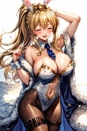 masterpiece, best quality, absurdres, soft lighting, looking at viewer, solo, smile, open mouth, wink, one eye closed,1girl, ahoge, rabbit ears, playboy bunny, artoria pendragon \(swimsuit ruler\) \(fate\), large breasts , blonde hair, green eyes, french braid, pony tailbare shoulders, large breasts , cleavage,clothing cut out, wrist cuffs, detached collar, navel cutout, feather boa,white leotard, blue necktie, blue pantyhose, single thigh strap, hands behind head,cowboy shot,white background,